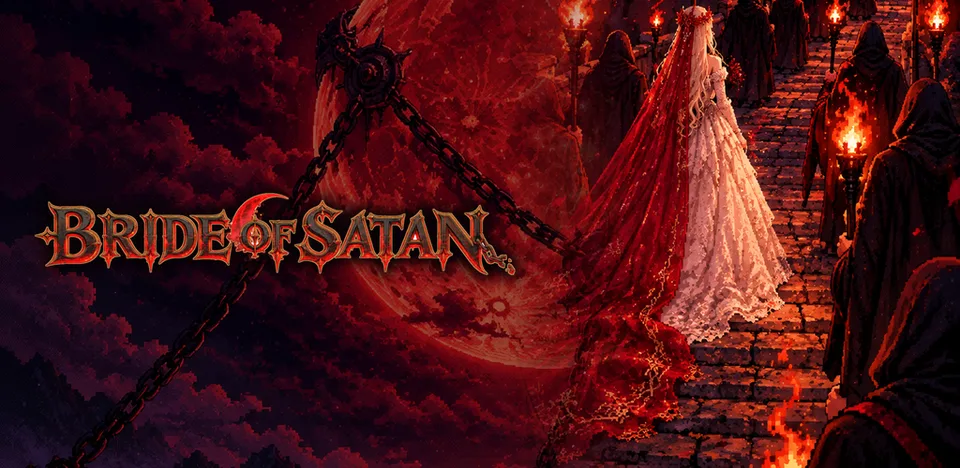 Bride of Satan: a bride climbing a stair between torch-bearing crowds under a red moon