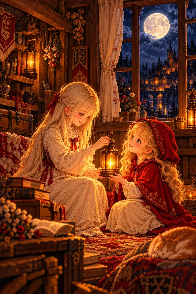 姉が妹に灯りを手渡す部屋