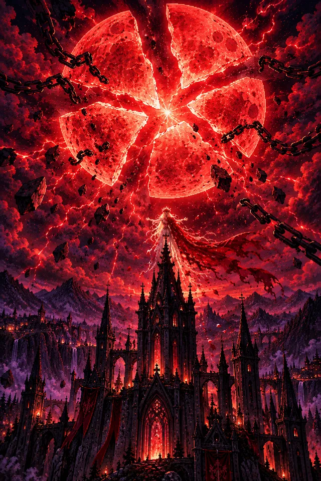 砕け散る紅い月と城